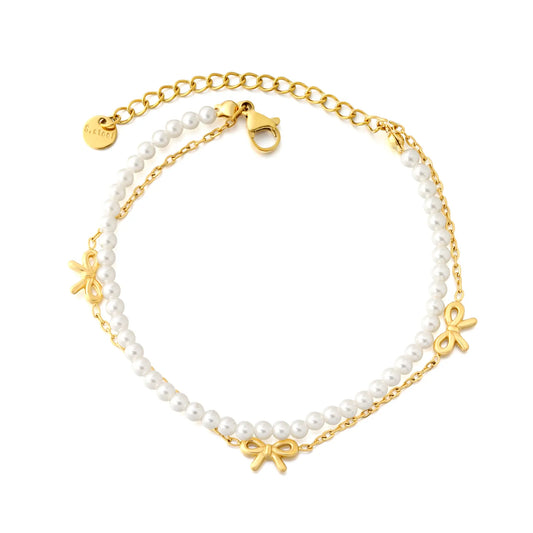 Double-Layer Pearl & Bow Charm Bracelet | Adjustable 18+5cm | 18K Gold Plated Stainless Steel | Wholesale Bulk Order MOQ 12