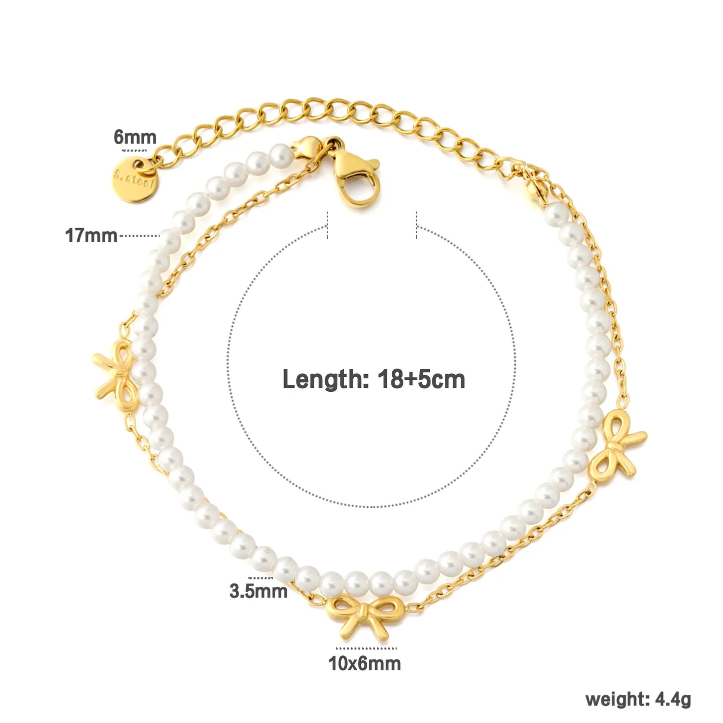 Double-Layer Pearl & Bow Charm Bracelet | Adjustable 18+5cm | 18K Gold Plated Stainless Steel | Wholesale Bulk Order MOQ 12