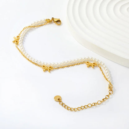 Double-Layer Pearl & Bow Charm Bracelet | Adjustable 18+5cm | 18K Gold Plated Stainless Steel | Wholesale Bulk Order MOQ 12