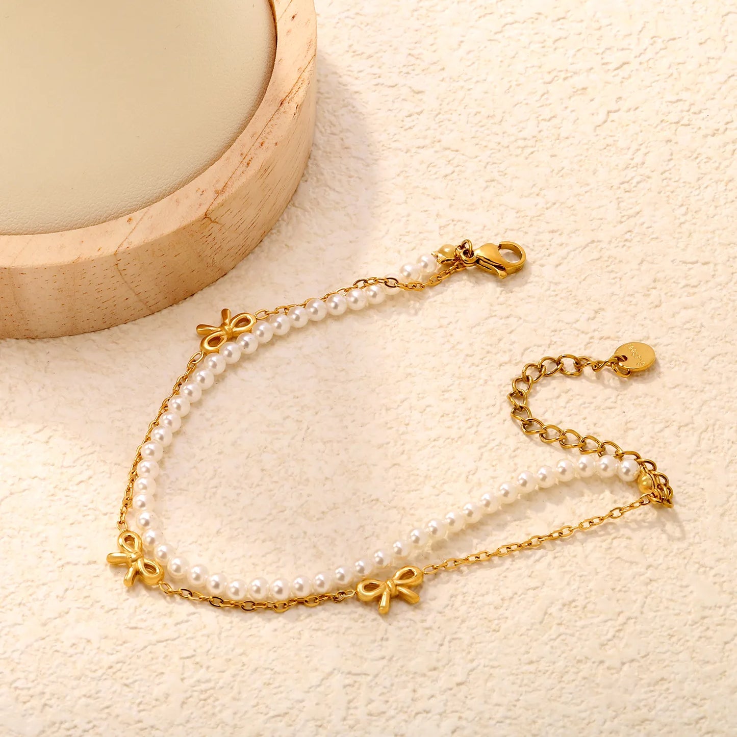 Double-Layer Pearl & Bow Charm Bracelet | Adjustable 18+5cm | 18K Gold Plated Stainless Steel | Wholesale Bulk Order MOQ 12