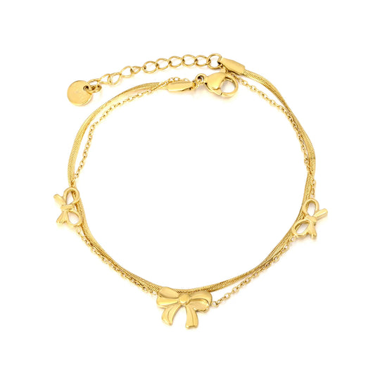 Wholesale Double-Layer Bow Charm Herringbone Bracelet |  Adjustable 18+3cm | 18K Gold Plated Stainless Steel | Bulk Order MOQ 12