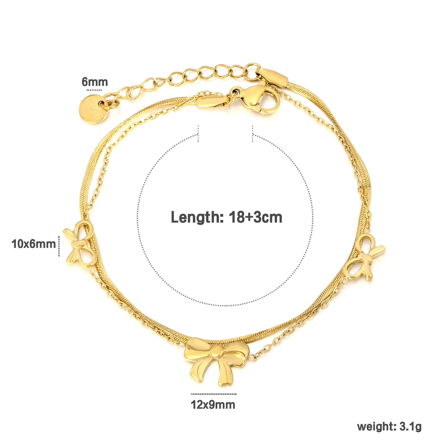 Wholesale Double-Layer Bow Charm Herringbone Bracelet |  Adjustable 18+3cm | 18K Gold Plated Stainless Steel | Bulk Order MOQ 12