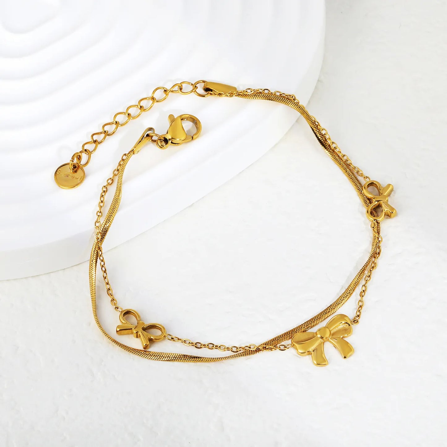 Wholesale Double-Layer Bow Charm Herringbone Bracelet |  Adjustable 18+3cm | 18K Gold Plated Stainless Steel | Bulk Order MOQ 12