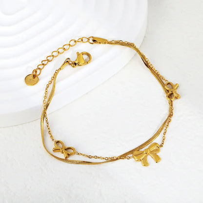 Wholesale Double-Layer Bow Charm Herringbone Bracelet |  Adjustable 18+3cm | 18K Gold Plated Stainless Steel | Bulk Order MOQ 12