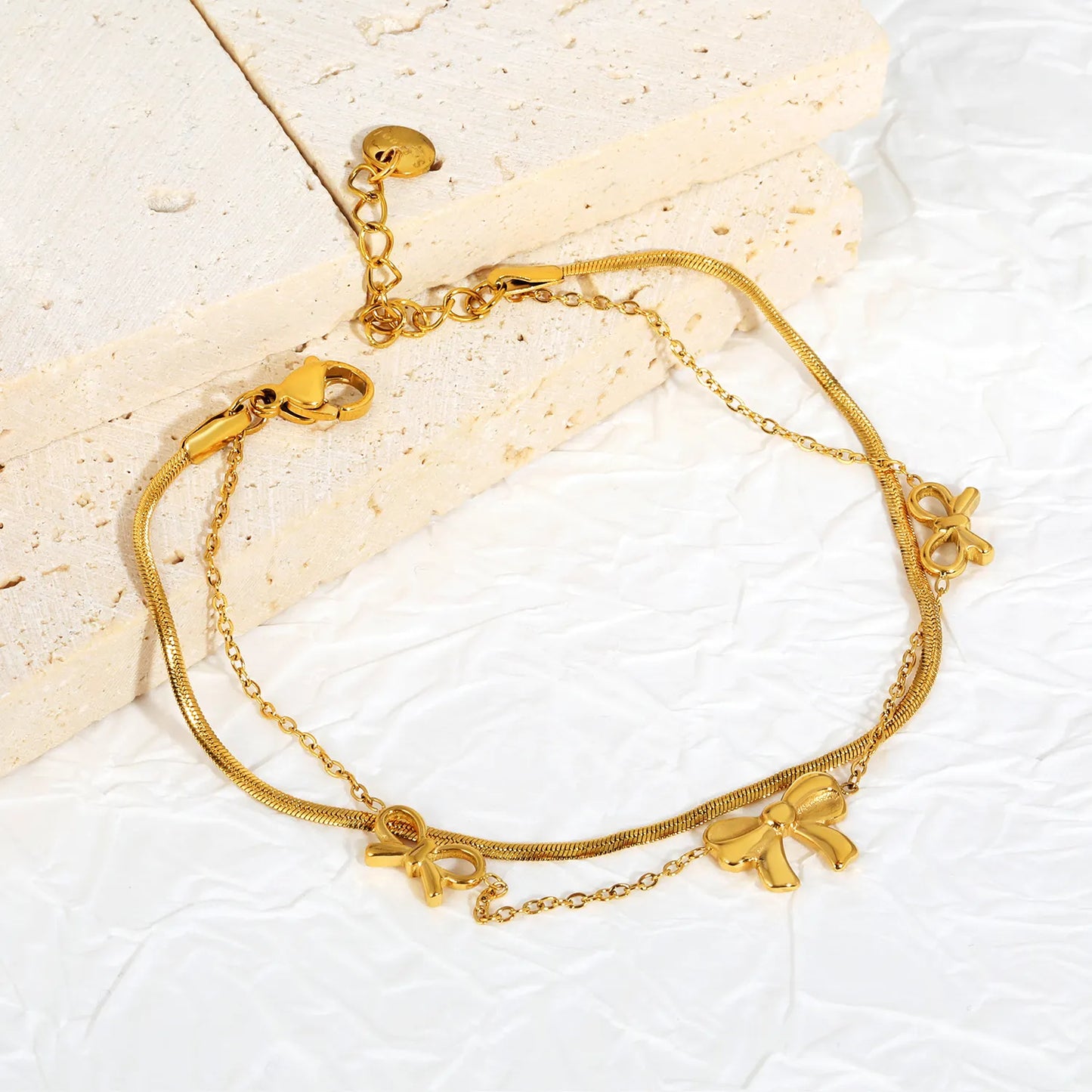 Wholesale Double-Layer Bow Charm Herringbone Bracelet |  Adjustable 18+3cm | 18K Gold Plated Stainless Steel | Bulk Order MOQ 12