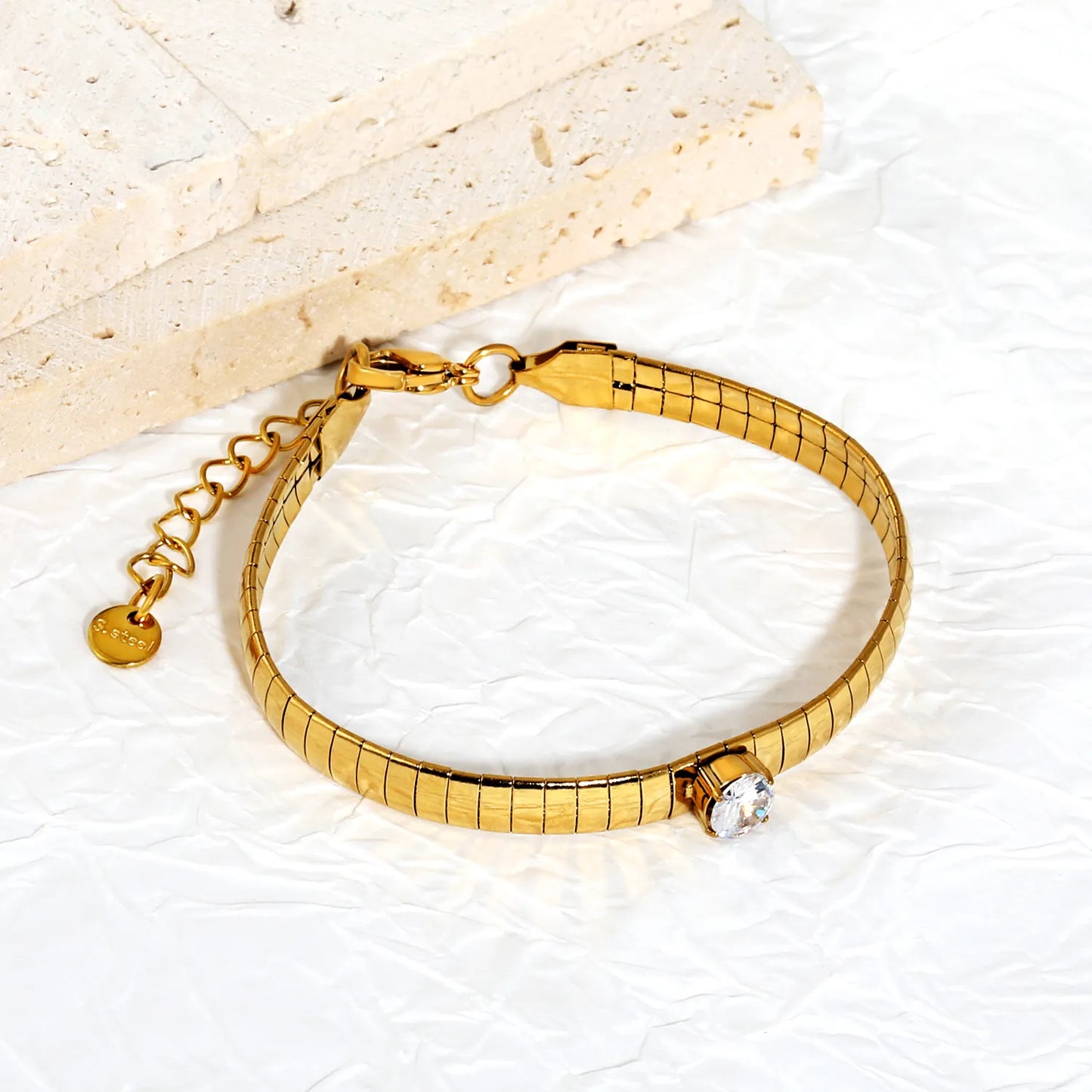 Wholesale Single Stone Herringbone Bracelet Adjustable 17+3cm | 18K Gold Plated Stainless Steel | Bulk Order MOQ 12