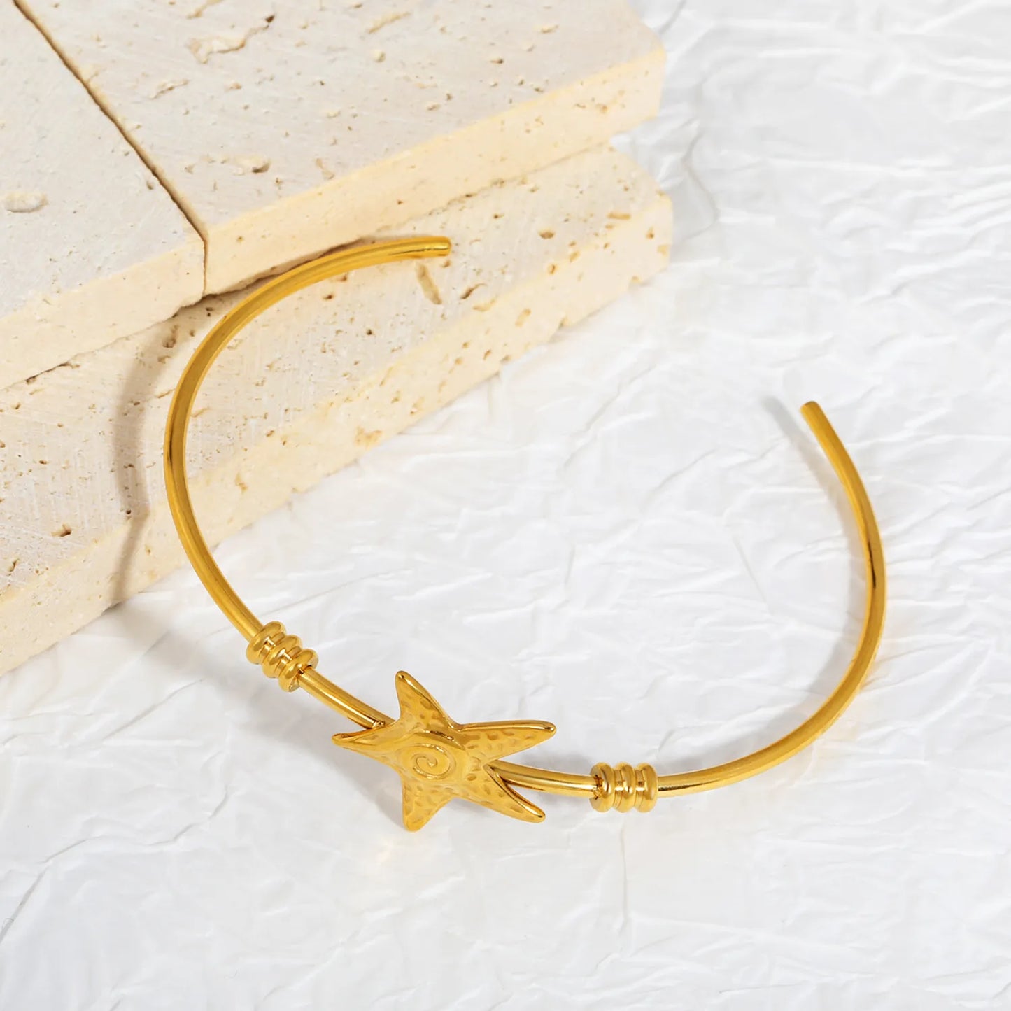 Wholesale Starfish Open Cuff 18K Gold Plated Bangle|  62mm Inner Diameter | Bulk Order MOQ 12