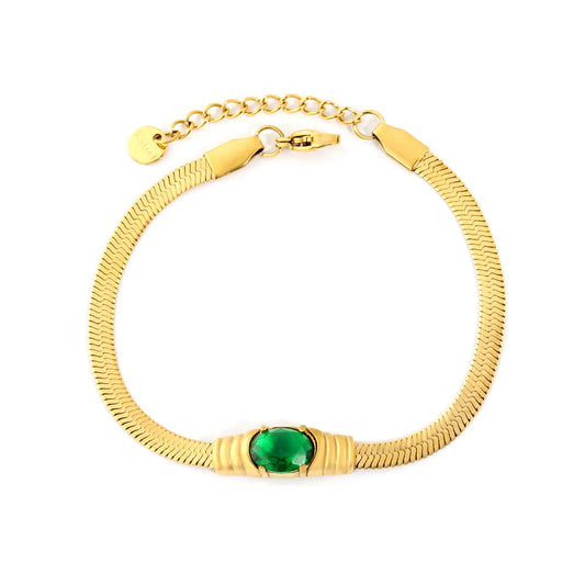 Green CZ Herringbone Bracelet Adjustable 17+3cm | Gold / Silver Color Options | Wholesale Bulk Order MOQ 12