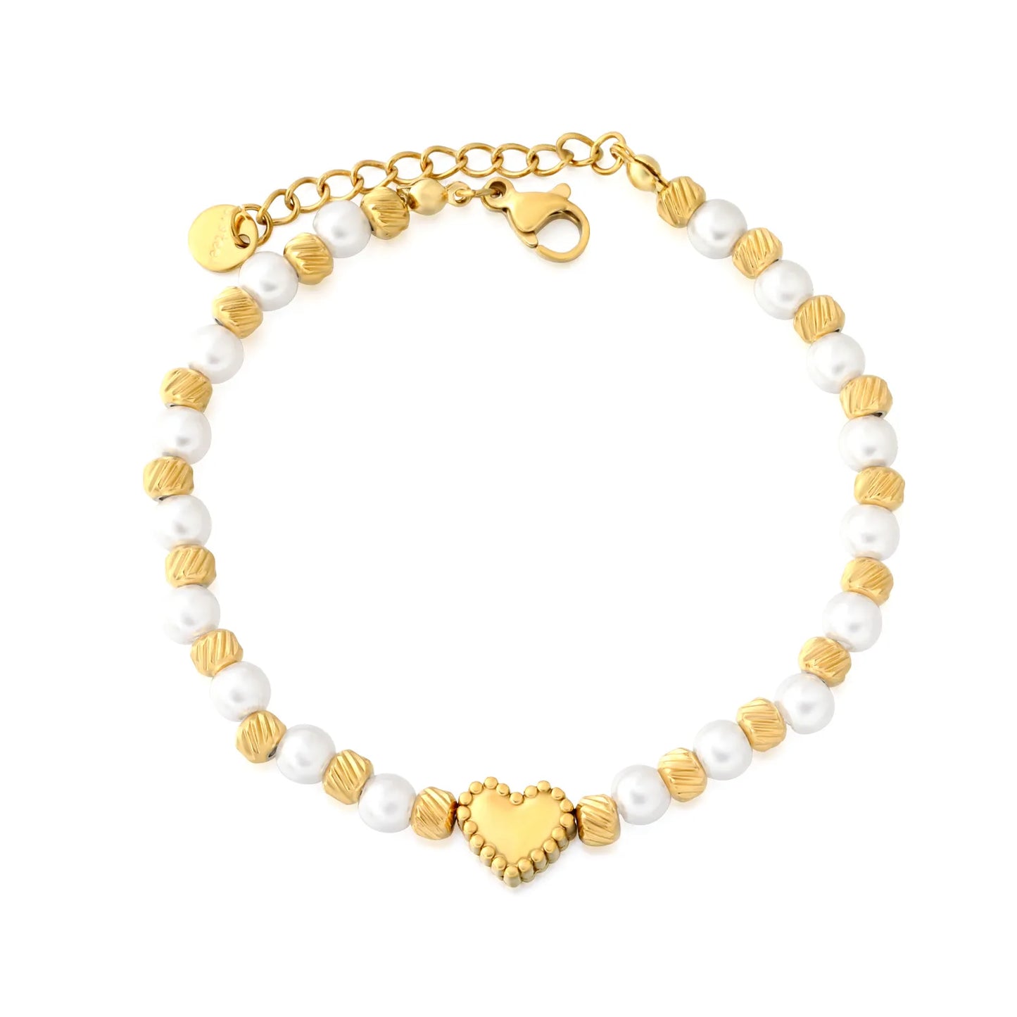 Gold Heart & Pearl Beaded Bracelet Adjustable 18+3cm | 18K Gold Plated Stainless Steel | Wholesale Bulk Order MOQ 12