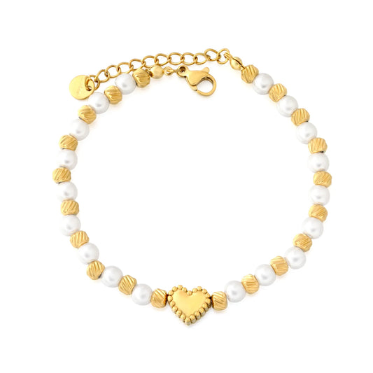 Gold Heart & Pearl Beaded Bracelet Adjustable 18+3cm | 18K Gold Plated Stainless Steel | Wholesale Bulk Order MOQ 12