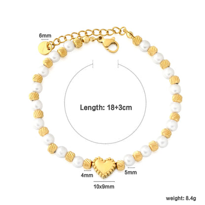 Gold Heart & Pearl Beaded Bracelet Adjustable 18+3cm | 18K Gold Plated Stainless Steel | Wholesale Bulk Order MOQ 12