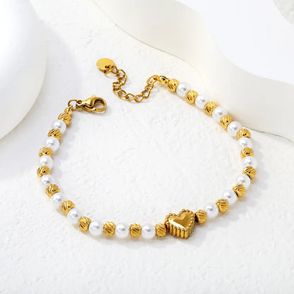 Gold Heart & Pearl Beaded Bracelet Adjustable 18+3cm | 18K Gold Plated Stainless Steel | Wholesale Bulk Order MOQ 12