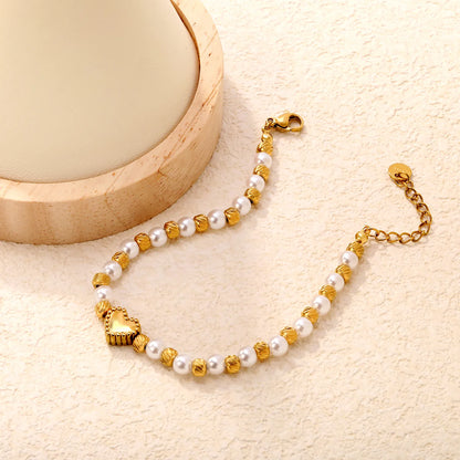 Gold Heart & Pearl Beaded Bracelet Adjustable 18+3cm | 18K Gold Plated Stainless Steel | Wholesale Bulk Order MOQ 12