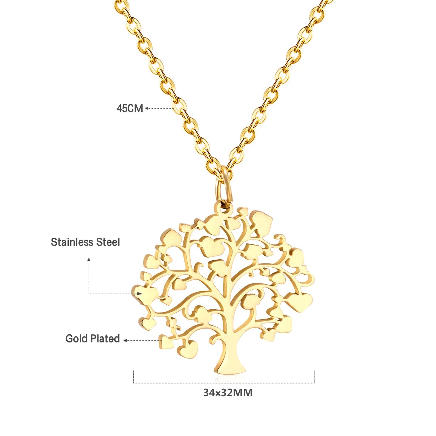 Heart‑Leaf Tree of Life Pendant Necklace 45cm Length | 18K Gold Plated & Silver Stainless Steel | Hypoallergenic Family Symbol Jewelry | Wholesale MOQ 12