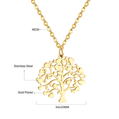 Heart‑Leaf Tree of Life Pendant Necklace 45cm Length | 18K Gold Plated & Silver Stainless Steel | Hypoallergenic Family Symbol Jewelry | Wholesale MOQ 12