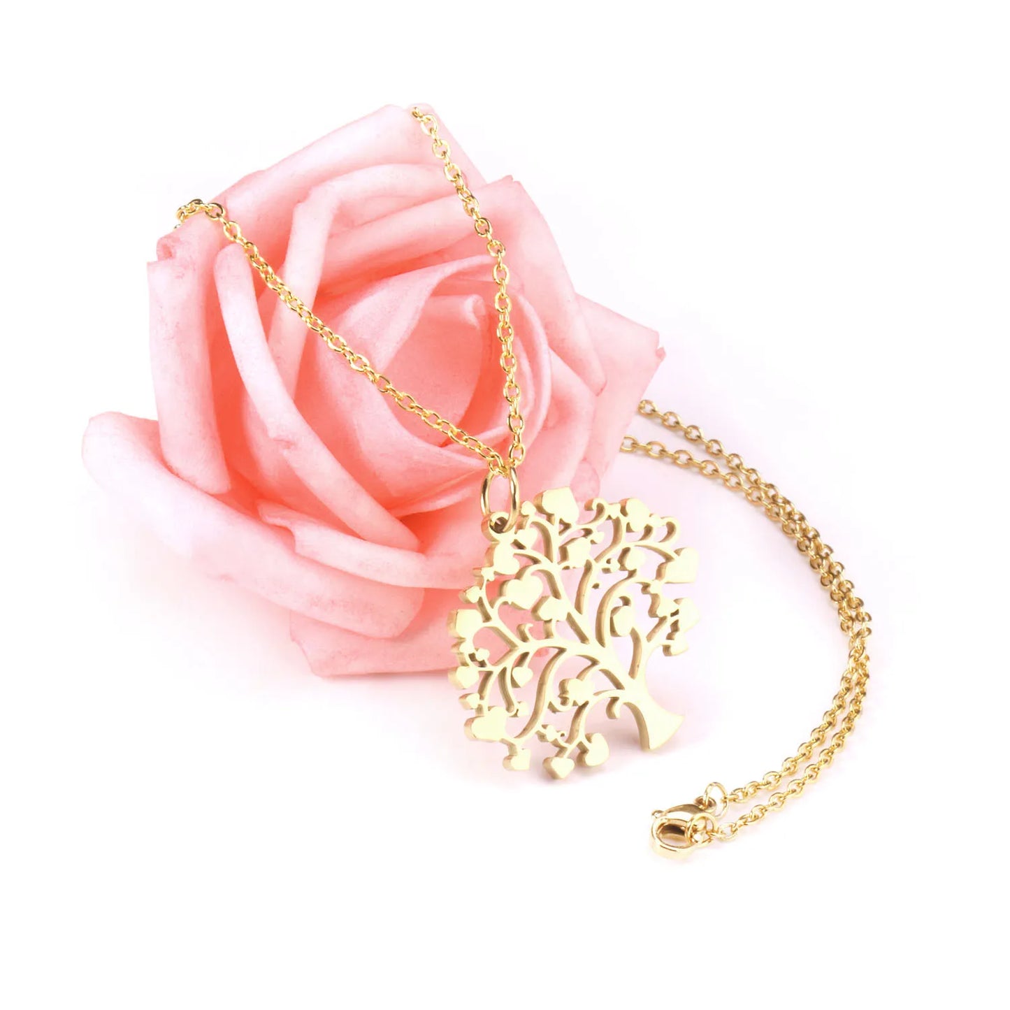 Heart‑Leaf Tree of Life Pendant Necklace 45cm Length | 18K Gold Plated & Silver Stainless Steel | Hypoallergenic Family Symbol Jewelry | Wholesale MOQ 12
