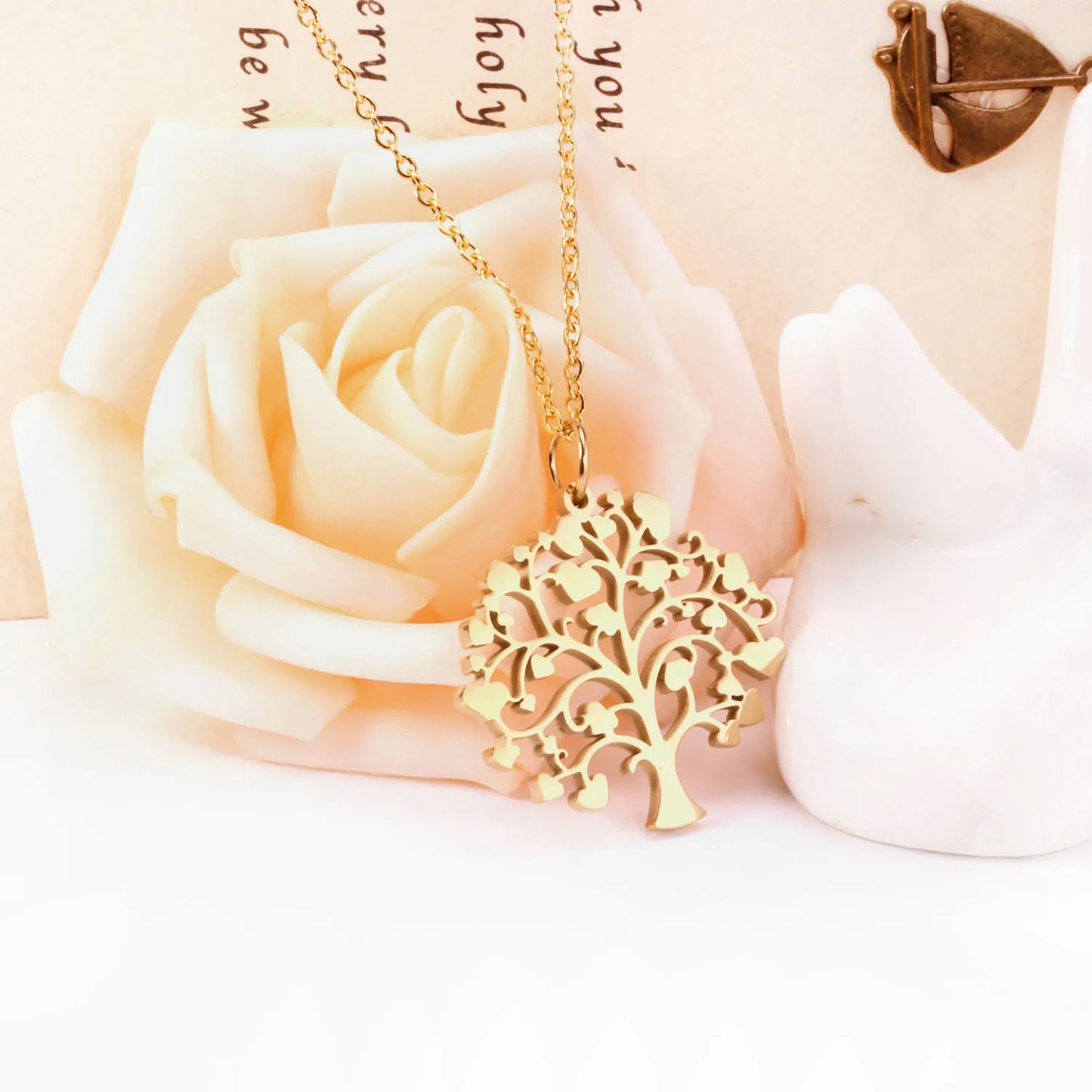 Heart‑Leaf Tree of Life Pendant Necklace 45cm Length | 18K Gold Plated & Silver Stainless Steel | Hypoallergenic Family Symbol Jewelry | Wholesale MOQ 12