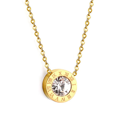 Roman Numeral CZ Round Pendant Necklace Adjustable 42+5cm | 18K Gold Plated Stainless Steel | Minimalist Stackable Design | Wholesale MOQ 12