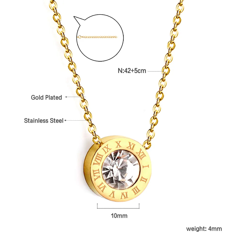 Roman Numeral CZ Round Pendant Necklace Adjustable 42+5cm | 18K Gold Plated Stainless Steel | Minimalist Stackable Design | Wholesale MOQ 12