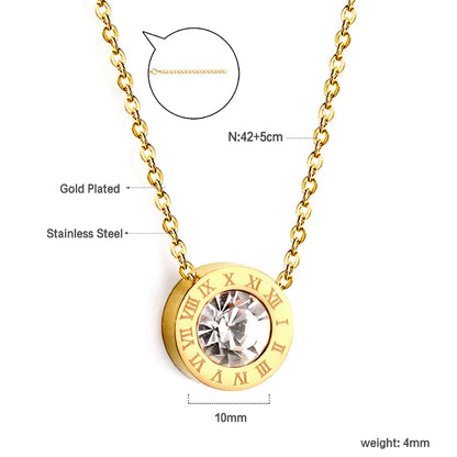 Roman Numeral CZ Round Pendant Necklace Adjustable 42+5cm | 18K Gold Plated Stainless Steel | Minimalist Stackable Design | Wholesale MOQ 12