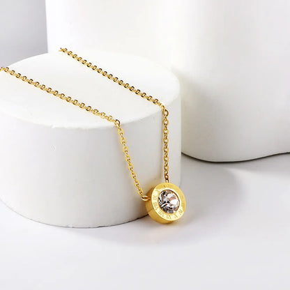 Roman Numeral CZ Round Pendant Necklace Adjustable 42+5cm | 18K Gold Plated Stainless Steel | Minimalist Stackable Design | Wholesale MOQ 12
