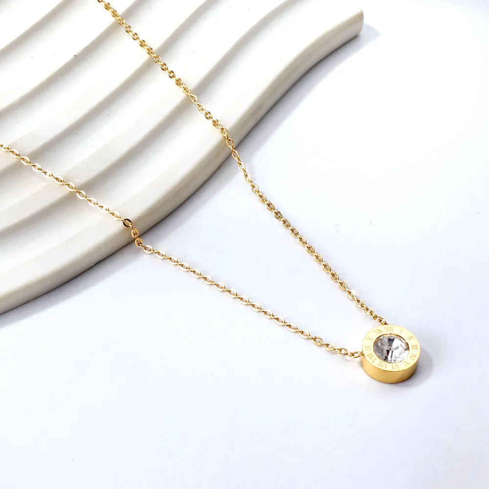 Roman Numeral CZ Round Pendant Necklace Adjustable 42+5cm | 18K Gold Plated Stainless Steel | Minimalist Stackable Design | Wholesale MOQ 12