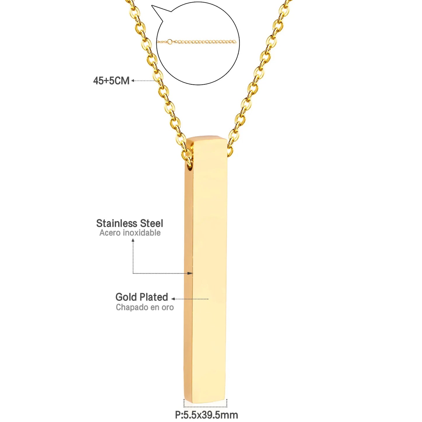 Vertical Bar Blank Pendant Necklace Adjustable 45+5cm | 18K Gold Plated & Silver Stainless Steel | Engravable Minimalist Design | Wholesale MOQ 12