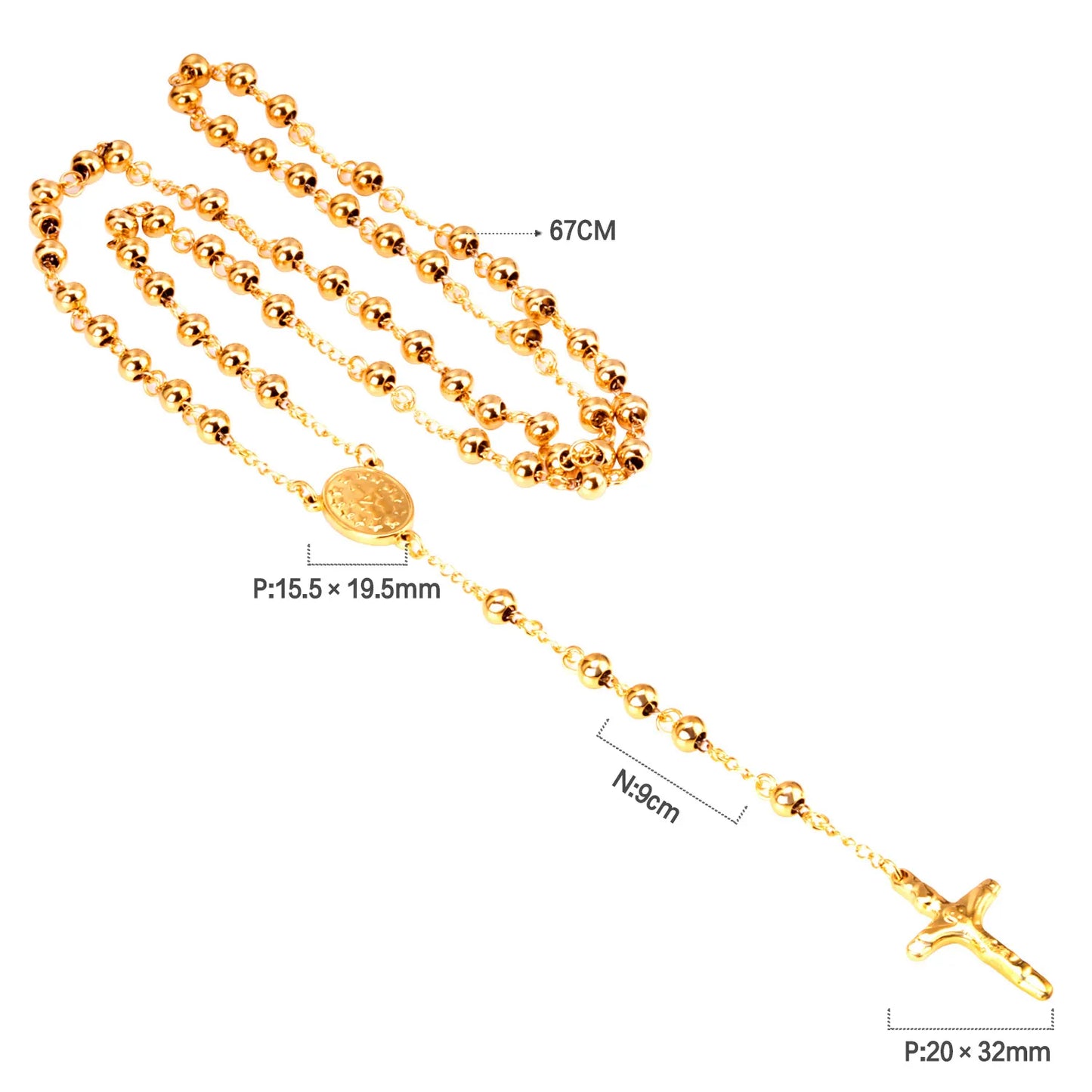 Gold Rosary Cross Beaded Necklace | 67cm Main Chain + 9cm Drop | 18K Gold Plated Stainless Steel | Wholesale MOQ 12