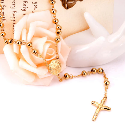 Gold Rosary Cross Beaded Necklace | 67cm Main Chain + 9cm Drop | 18K Gold Plated Stainless Steel | Wholesale MOQ 12