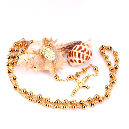 Gold Rosary Cross Beaded Necklace | 67cm Main Chain + 9cm Drop | 18K Gold Plated Stainless Steel | Wholesale MOQ 12