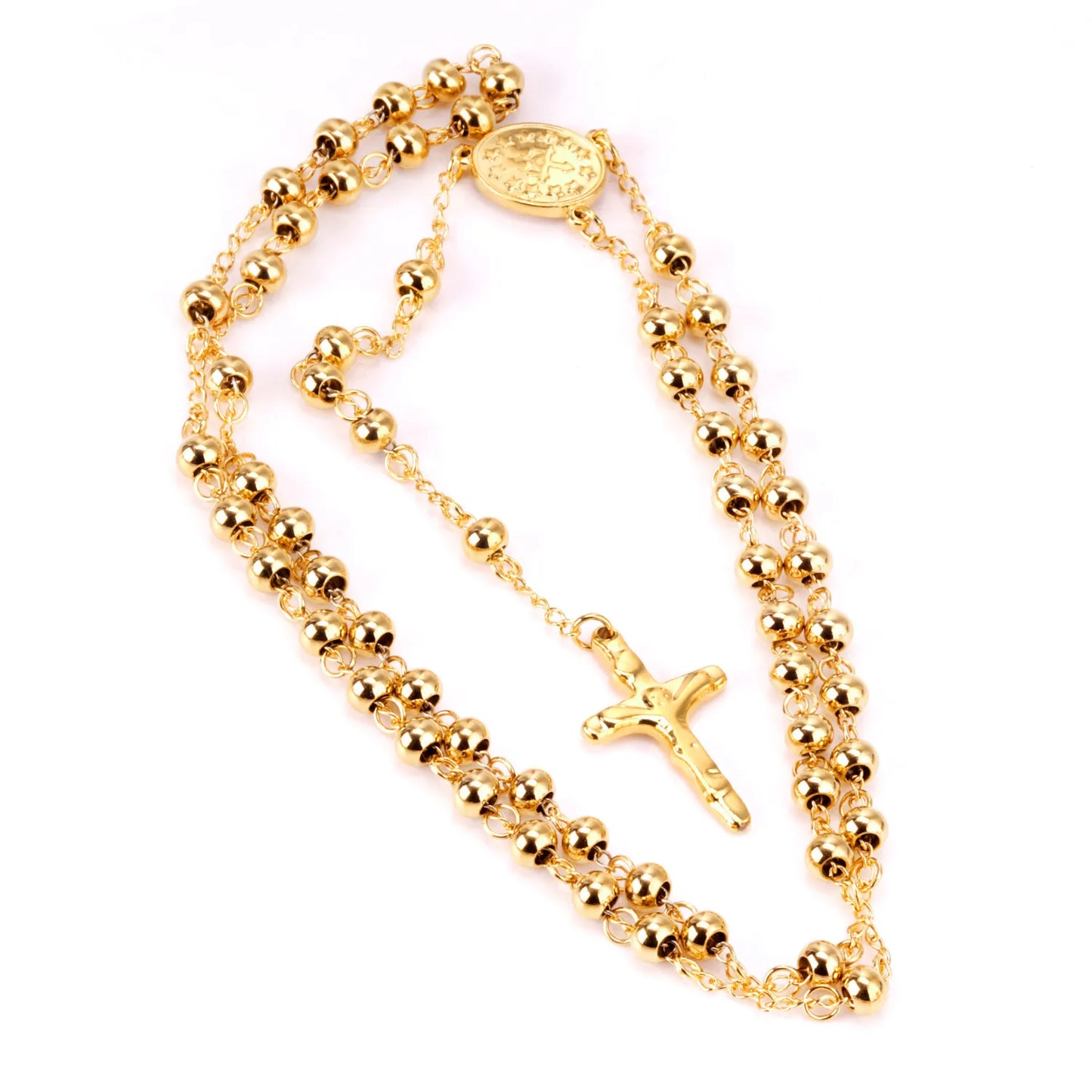 Gold Rosary Cross Beaded Necklace | 67cm Main Chain + 9cm Drop | 18K Gold Plated Stainless Steel | Wholesale MOQ 12