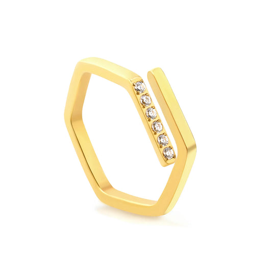 Geometric Hexagon Open CZ Ring Sizes 6/7/8 | 18K Gold Plated Stainless Steel | Hypoallergenic Statement Band | Wholesale MOQ 12