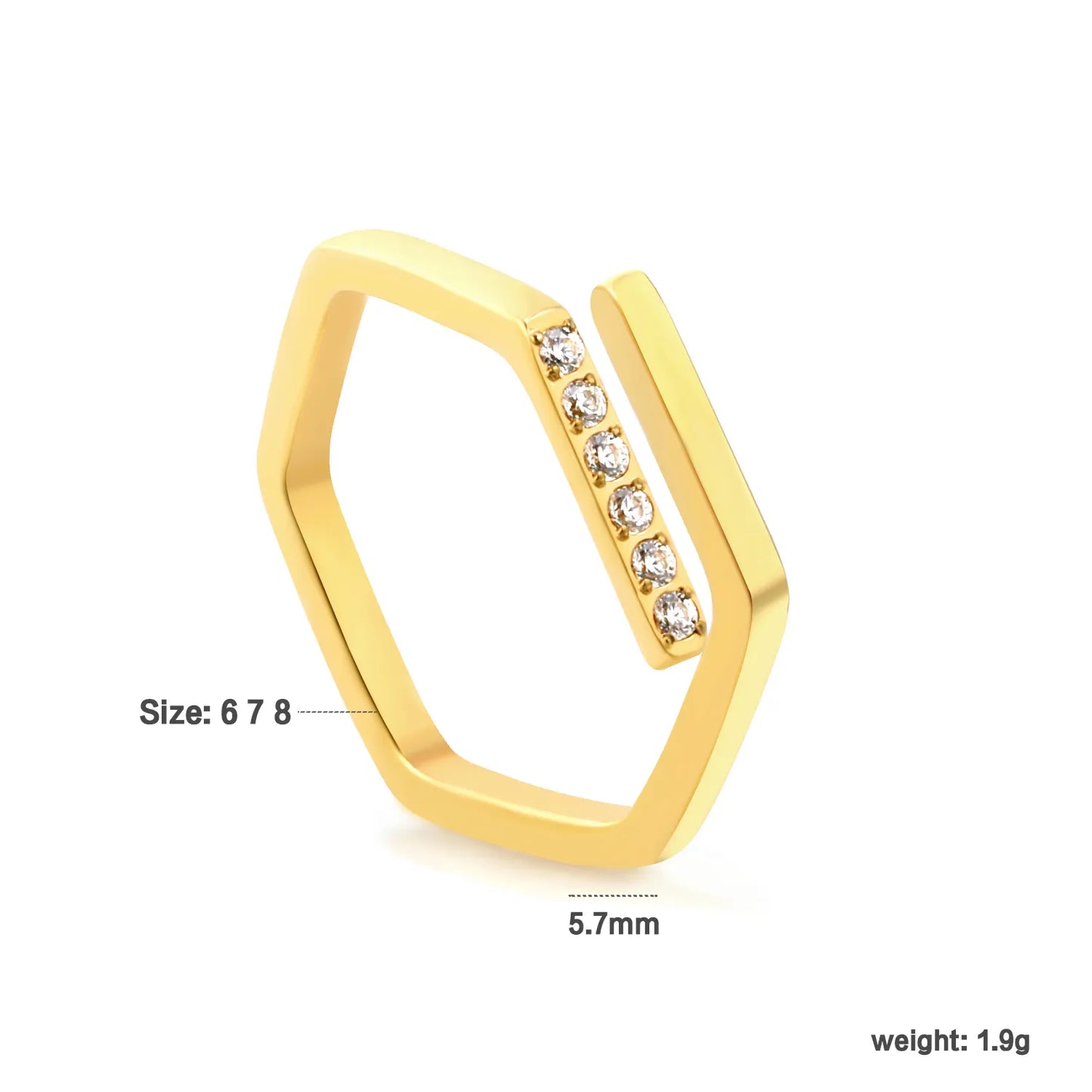 Geometric Hexagon Open CZ Ring Sizes 6/7/8 | 18K Gold Plated Stainless Steel | Hypoallergenic Statement Band | Wholesale MOQ 12