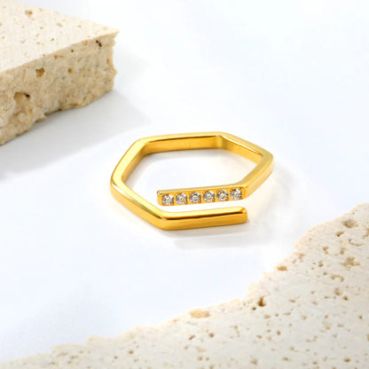 Geometric Hexagon Open CZ Ring Sizes 6/7/8 | 18K Gold Plated Stainless Steel | Hypoallergenic Statement Band | Wholesale MOQ 12