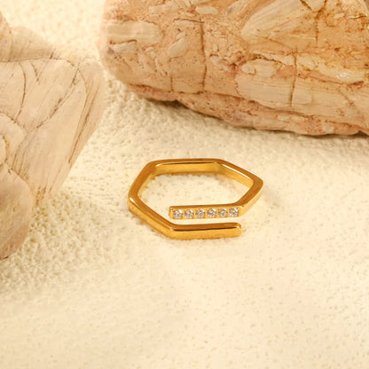 Geometric Hexagon Open CZ Ring Sizes 6/7/8 | 18K Gold Plated Stainless Steel | Hypoallergenic Statement Band | Wholesale MOQ 12