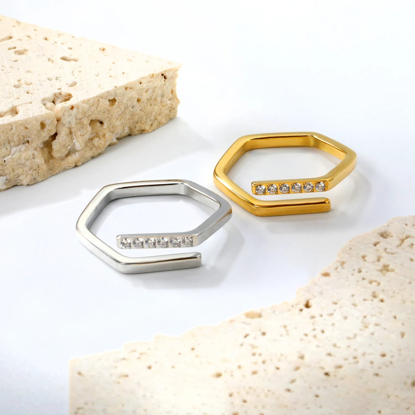 Geometric Hexagon Open CZ Ring Sizes 6/7/8 | 18K Gold Plated Stainless Steel | Hypoallergenic Statement Band | Wholesale MOQ 12