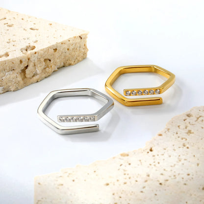 Geometric Hexagon Open CZ Ring Sizes 6/7/8 | 18K Gold Plated Stainless Steel | Hypoallergenic Statement Band | Wholesale MOQ 12