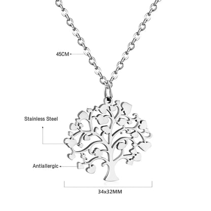 Heart‑Leaf Tree of Life Pendant Necklace 45cm Length | 18K Gold Plated & Silver Stainless Steel | Hypoallergenic Family Symbol Jewelry | Wholesale MOQ 12