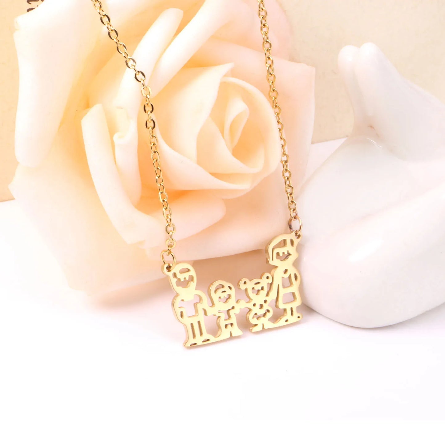 Family of 4 Silhouette Pendant Necklace 45cm Length | 18K Gold Plated Stainless Steel | Meaningful Keepsake Jewelry | Wholesale MOQ 12