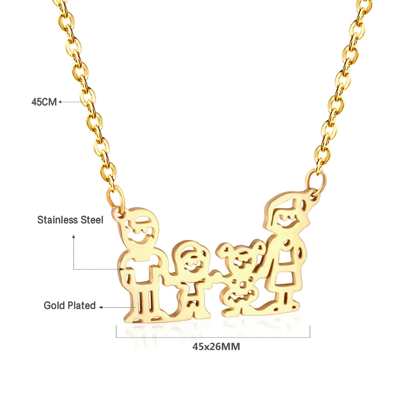 Family of 4 Silhouette Pendant Necklace 45cm Length | 18K Gold Plated Stainless Steel | Meaningful Keepsake Jewelry | Wholesale MOQ 12