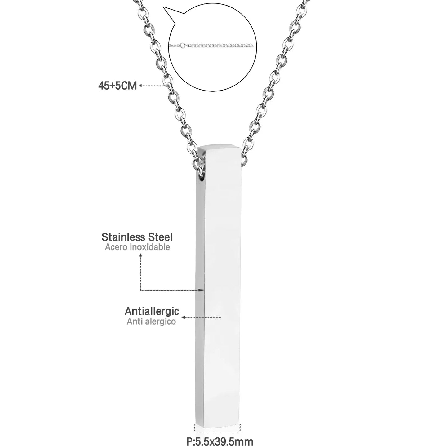 Vertical Bar Blank Pendant Necklace Adjustable 45+5cm | 18K Gold Plated & Silver Stainless Steel | Engravable Minimalist Design | Wholesale MOQ 12