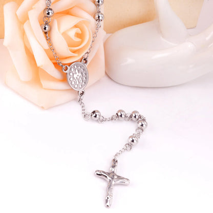 Gold Rosary Cross Beaded Necklace | 67cm Main Chain + 9cm Drop | 18K Gold Plated Stainless Steel | Wholesale MOQ 12