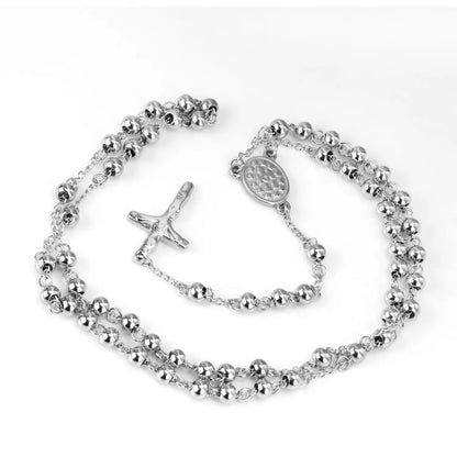 Gold Rosary Cross Beaded Necklace | 67cm Main Chain + 9cm Drop | 18K Gold Plated Stainless Steel | Wholesale MOQ 12