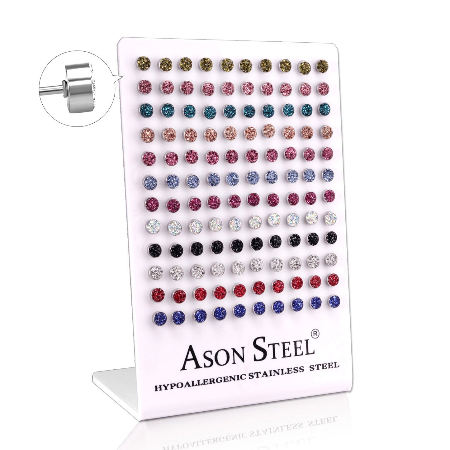 6mm steel/gold cylindrical white clay mix stud earrings on card holders