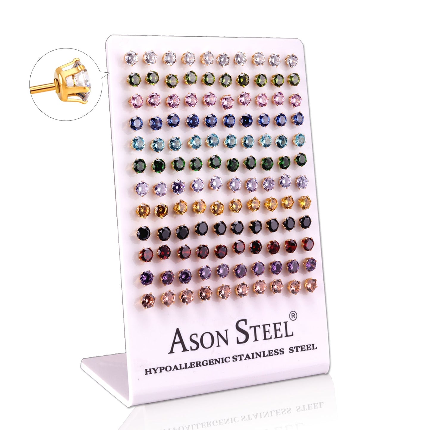 6mm Card Holder Steel/Gold Six Claw Round Mixed Diamond Stud Earrings