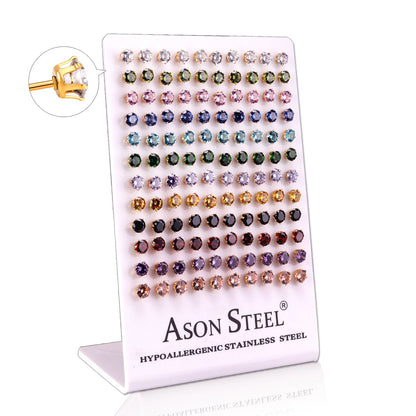 6mm Card Holder Steel/Gold Six Claw Round Mixed Diamond Stud Earrings