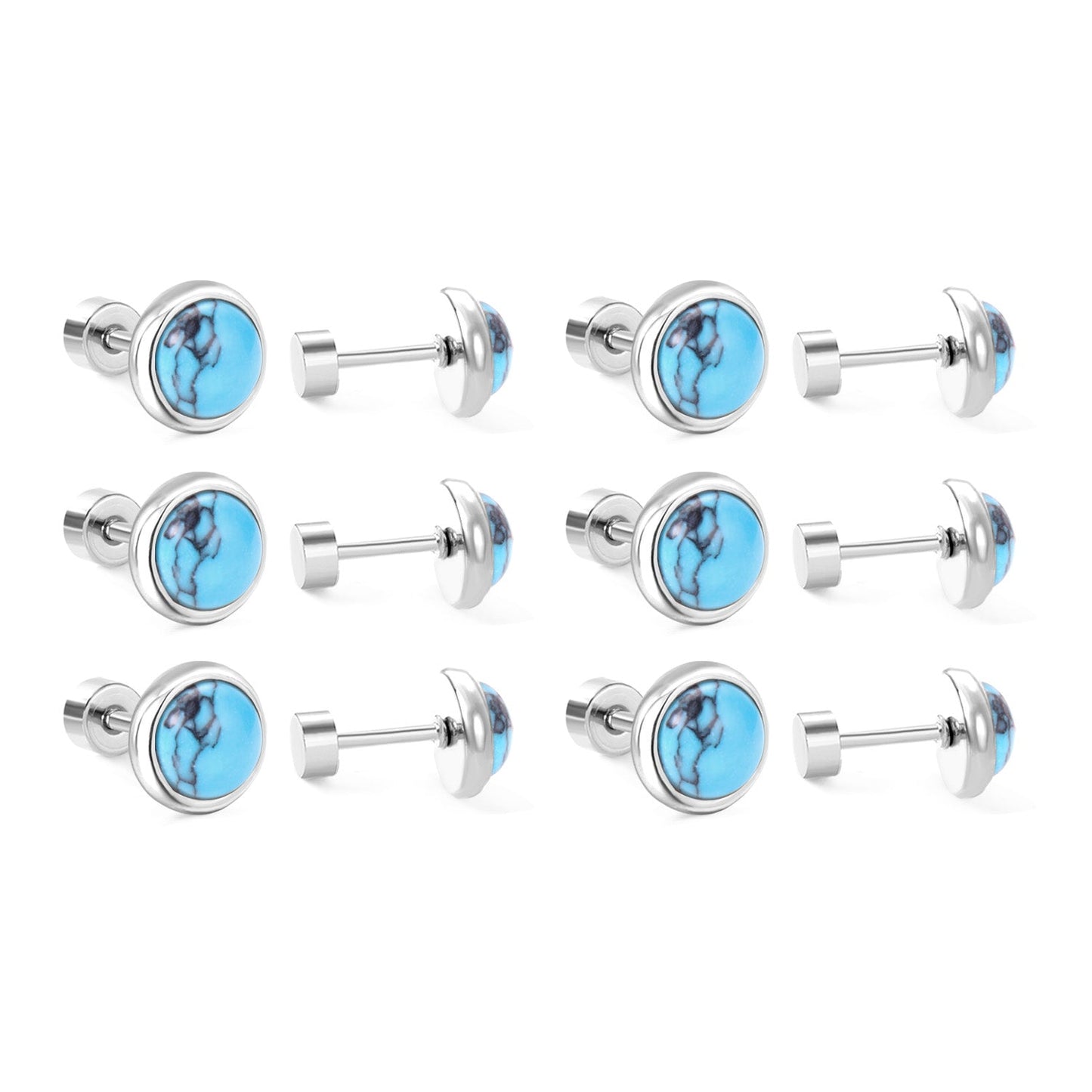 12 pairs 4mm/6mm/8mm Steel Color/Gold Turquoise Screwback Earrings