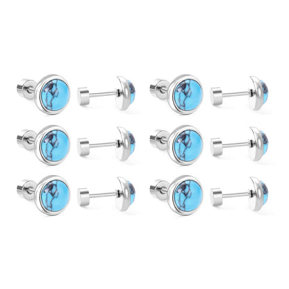 12 pairs 4mm/6mm/8mm Steel Color/Gold Turquoise Screwback Earrings