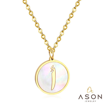 ASON White Shell Gold Color Initial Letter Fashion Pendant Necklace Stainless Steel Alphabet Link Chain for Gift