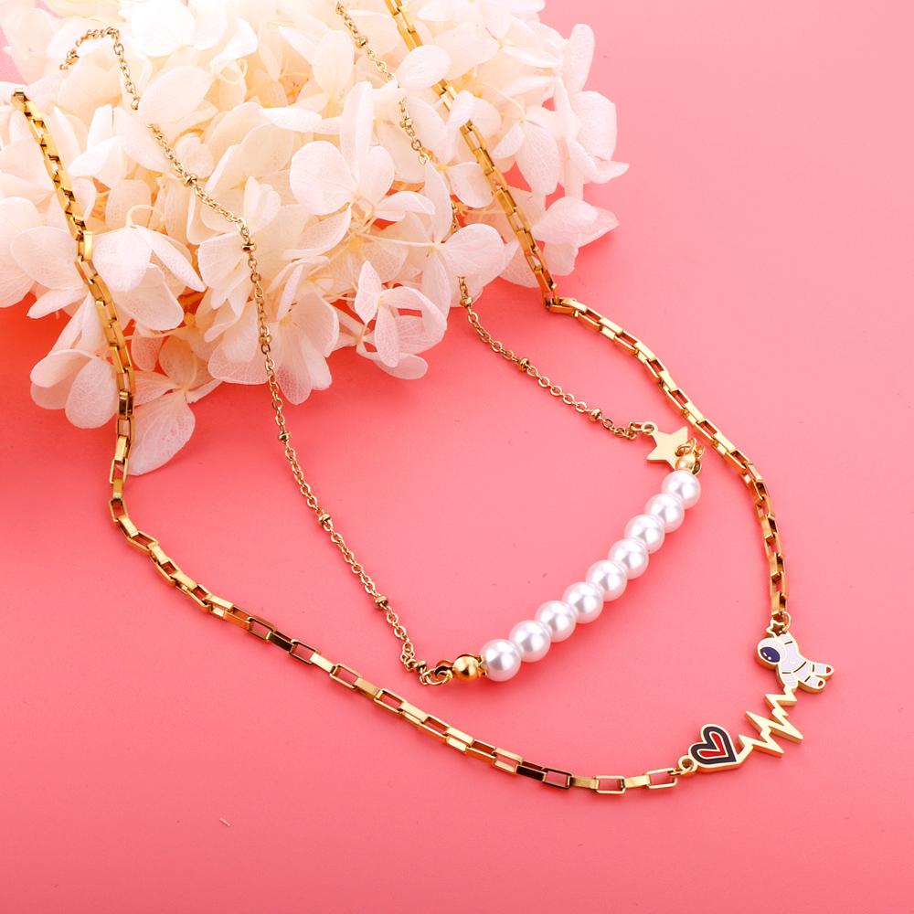 Vintage Necklace Collars Heart Star Astronaut Pendants Layers Jewelry No Fade Box Chains Necklace Female Party